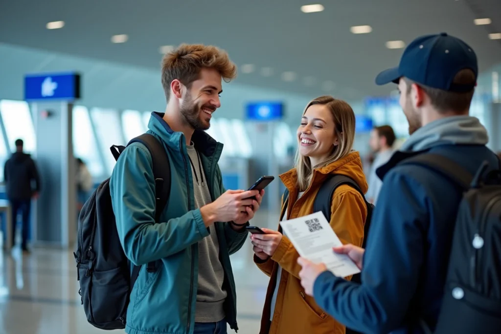 Couple présentant un e-billet sur smartphone et une version imprimée au contrôle de sécurité d'un aéroport