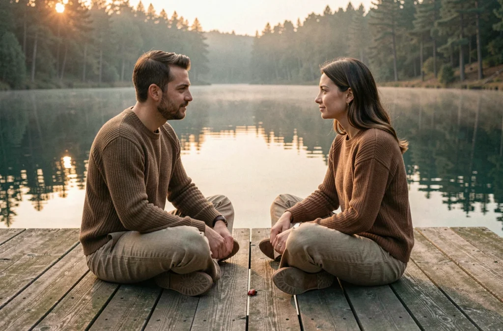 Couple de flammes jumelles assis face à face sur un ponton au bord d'un lac, avec une coccinelle symbolisant leur connexion spirituelle