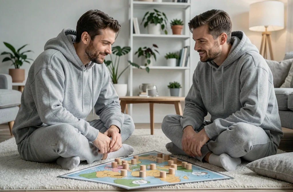 Couple jouant à un jeu de société stratégique assis sur le sol d'un salon au style scandinave