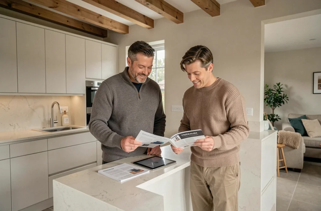 Couple consultant des brochures et une tablette dans une cuisine moderne pour sélectionner les meilleurs équipements et optimiser le confort de leur maison