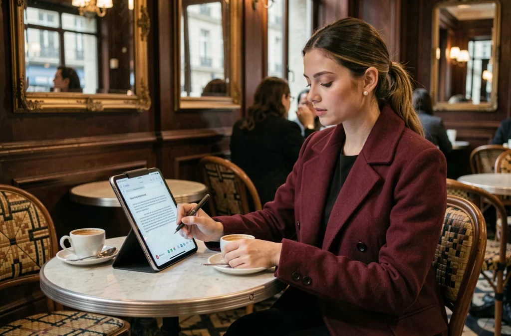 Jeune femme rédigeant une demande à une boutique de luxe en ligne depuis un café parisien