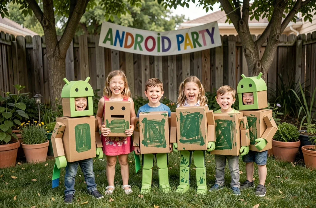 Enfants déguisés en robots Android avec des costumes en carton peint lors d'une fête d'anniversaire dans un jardin