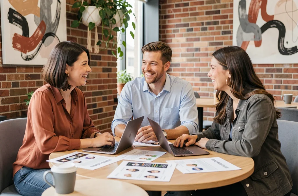 Équipe marketing collaborative discutant de stratégies de croissance autour d'une table dans un espace de coworking
