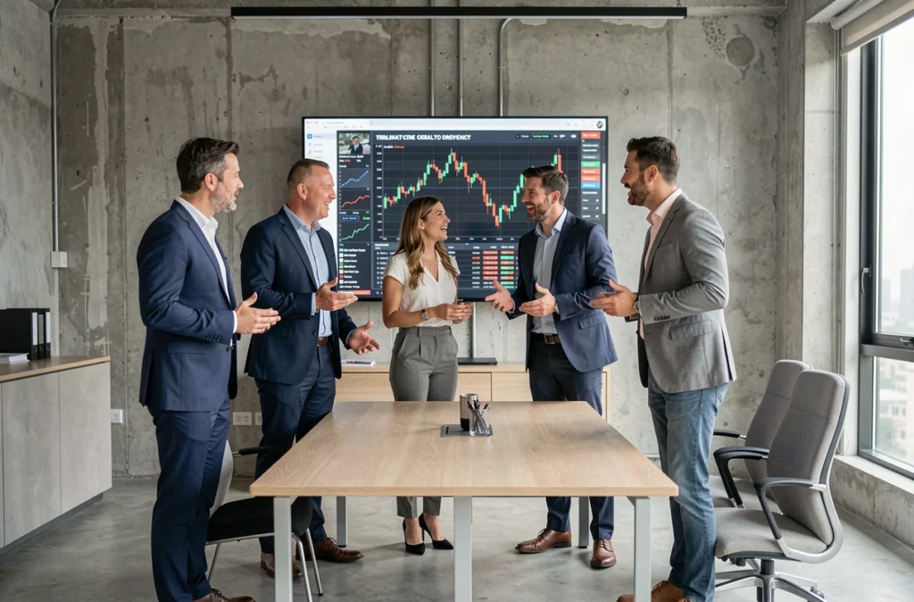 Équipe de professionnels analysant les tendances du marché et les actualités financières en salle de réunion