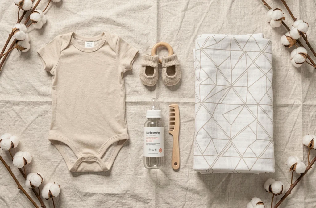 Flat-lay de produits essentiels pour nouveau-né sur tissu lin crème, incluant body coton bio, chaussons tricotés et accessoires de puériculture naturels