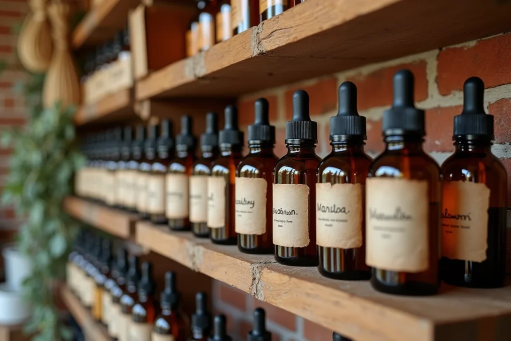 Étagère d'épicerie naturelle avec des flacons d'huiles végétales alternatives à l'huile de jojoba dans une boutique artisanale