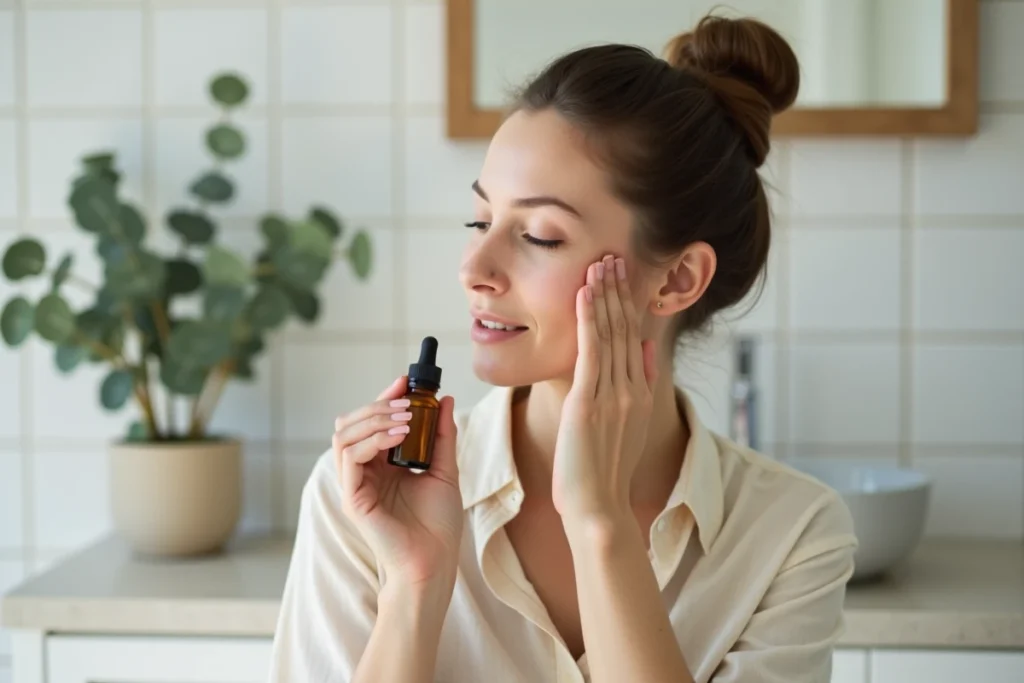 Femme appliquant une huile végétale naturelle alternative au jojoba sur son visage dans une salle de bain minimaliste