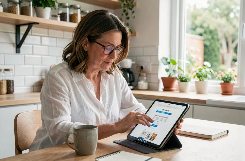 Femme d'âge mûr consultant un site de téléchargement d'ebooks gratuits et légaux sur une tablette dans sa cuisine