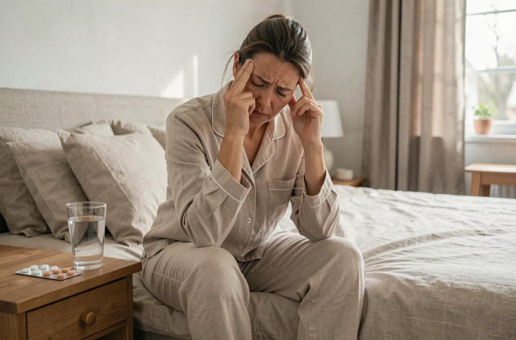 Femme ressentant des effets secondaires médicamenteux assise sur son lit avec des comprimés et un verre d'eau sur la table de nuit