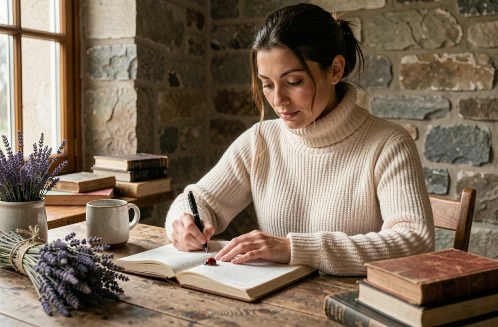 Femme écrivant dans un journal spirituel avec une coccinelle posée sur la page, symbolisant la guidance des flammes jumelles