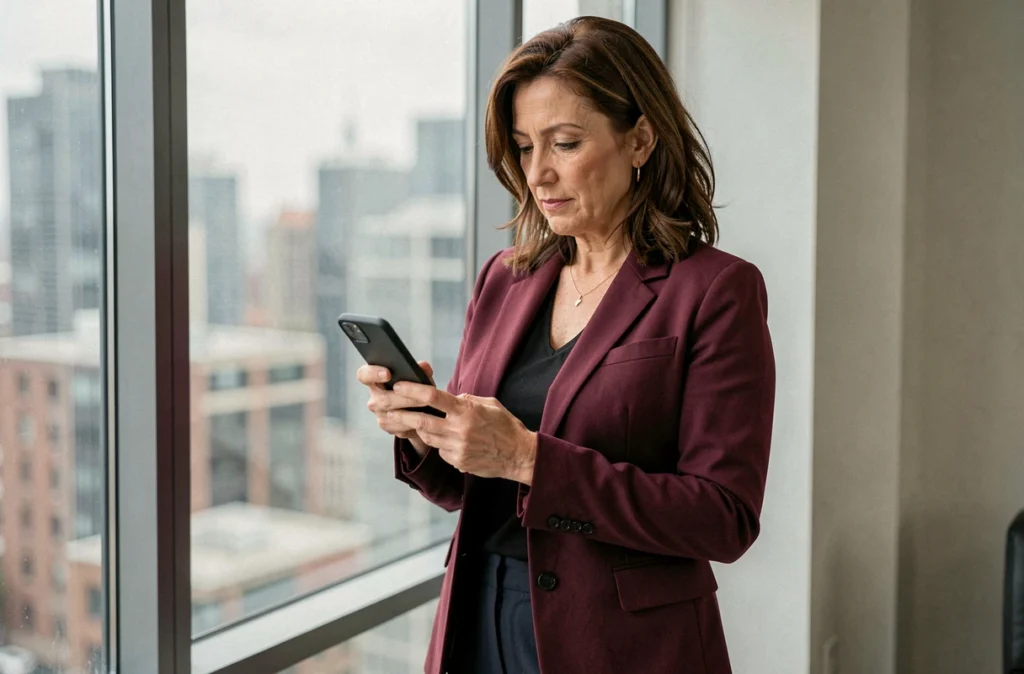 Femme cadre consultant des offres d'emploi sur smartphone devant une fenêtre avec vue urbaine
