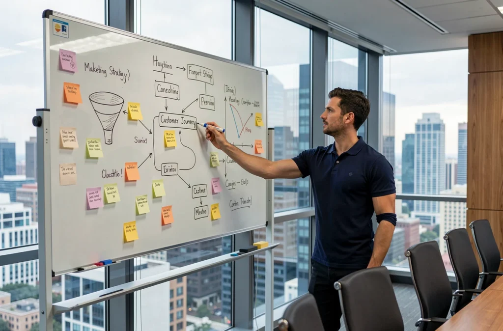 Formateur en marketing digital présentant une stratégie sur tableau blanc dans une salle de formation professionnelle