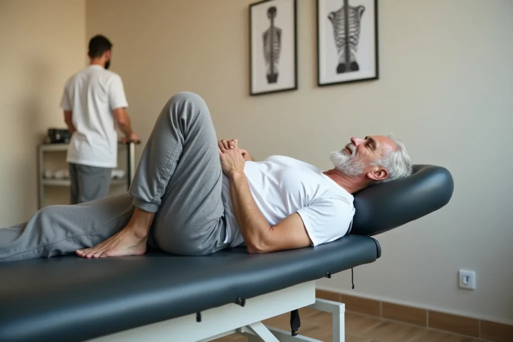 Homme âgé en récupération après fracture du sacrum allongé sur une table d'examen avec coussin lombaire dans un cabinet de physiothérapie moderne