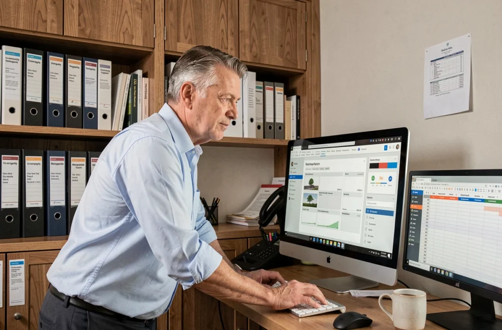Gestionnaire immobilier accédant à son espace client de gestion de copropriété depuis un bureau à domicile