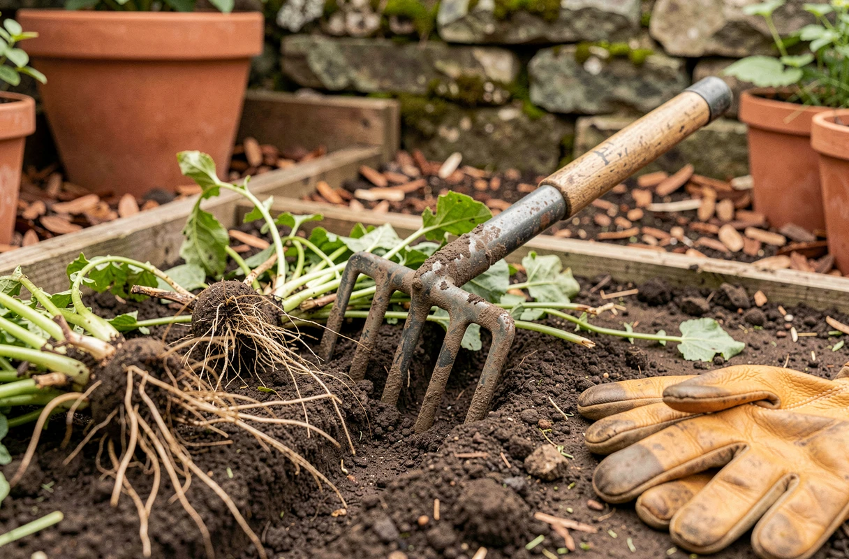 Gros plan sur des mauvaises herbes déracinées et des outils de jardinage posés sur un sol préparé pour le semis