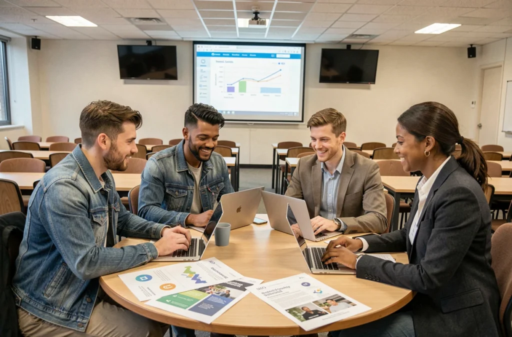 Groupe d'étudiants adultes collaborant sur un projet de marketing digital dans une salle de cours universitaire