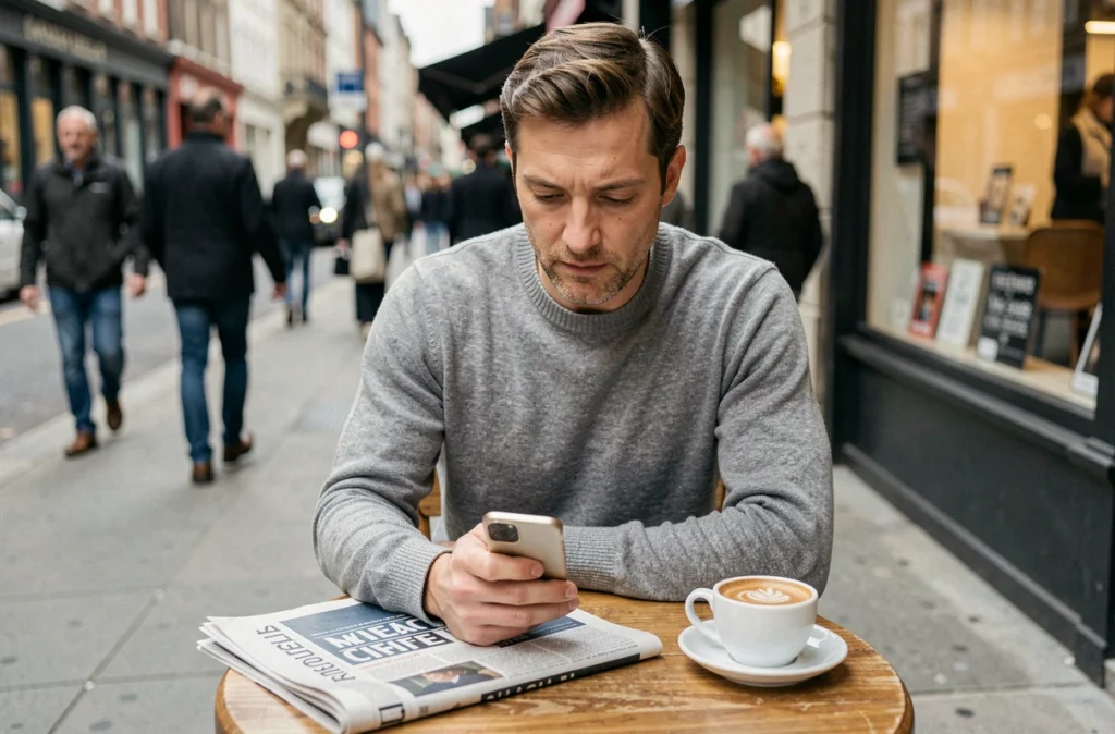 Homme d'affaires lisant les actualités économiques sur smartphone dans un café en ville avec journal financier