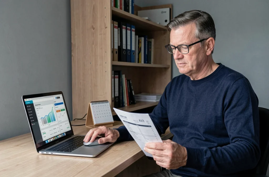 Homme consultant son compte sur livret en ligne sur un ordinateur portable dans un bureau à domicile