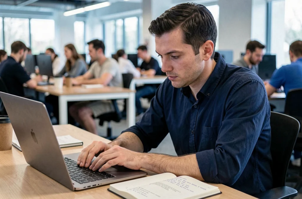 Homme consultant son CV sur un ordinateur portable dans un espace de co-working pour optimiser sa recherche d'emploi