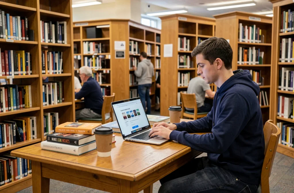 Jeune homme téléchargeant des ebooks légaux gratuitement sur son ordinateur portable dans une bibliothèque publique