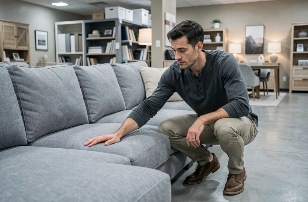 Homme testant la qualité d'un canapé sectionnel dans un showroom de meubles pour choisir les meilleurs équipements de confort pour son intérieur