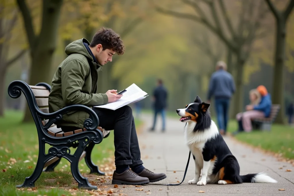 Jeune homme de 18 ans organisant ses activités de dog-sitting avec un border collie dans un parc urbain
