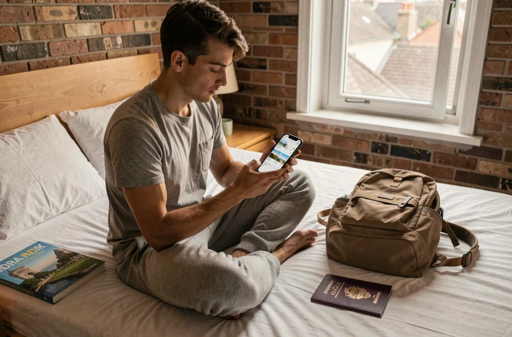 Jeune voyageur consultant des offres de voyage sur smartphone dans une auberge de jeunesse