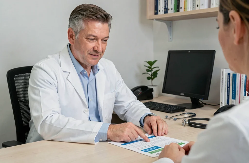 Médecin généraliste expliquant les effets secondaires d'un médicament à un patient lors d'une consultation médicale
