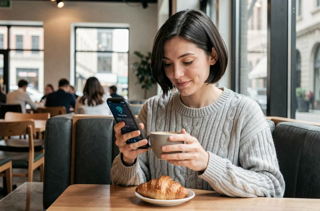 Femme utilisant une application VPN sur smartphone dans un café pour naviguer anonymement sur internet