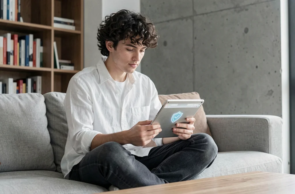 Personne naviguant sur une tablette avec un navigateur privé dans un appartement minimaliste