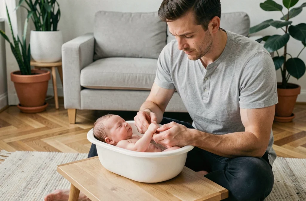 Père baignant tendrement son nouveau-né dans une baignoire ergonomique sur un tapis de jeu dans un salon moderne au style scandinave