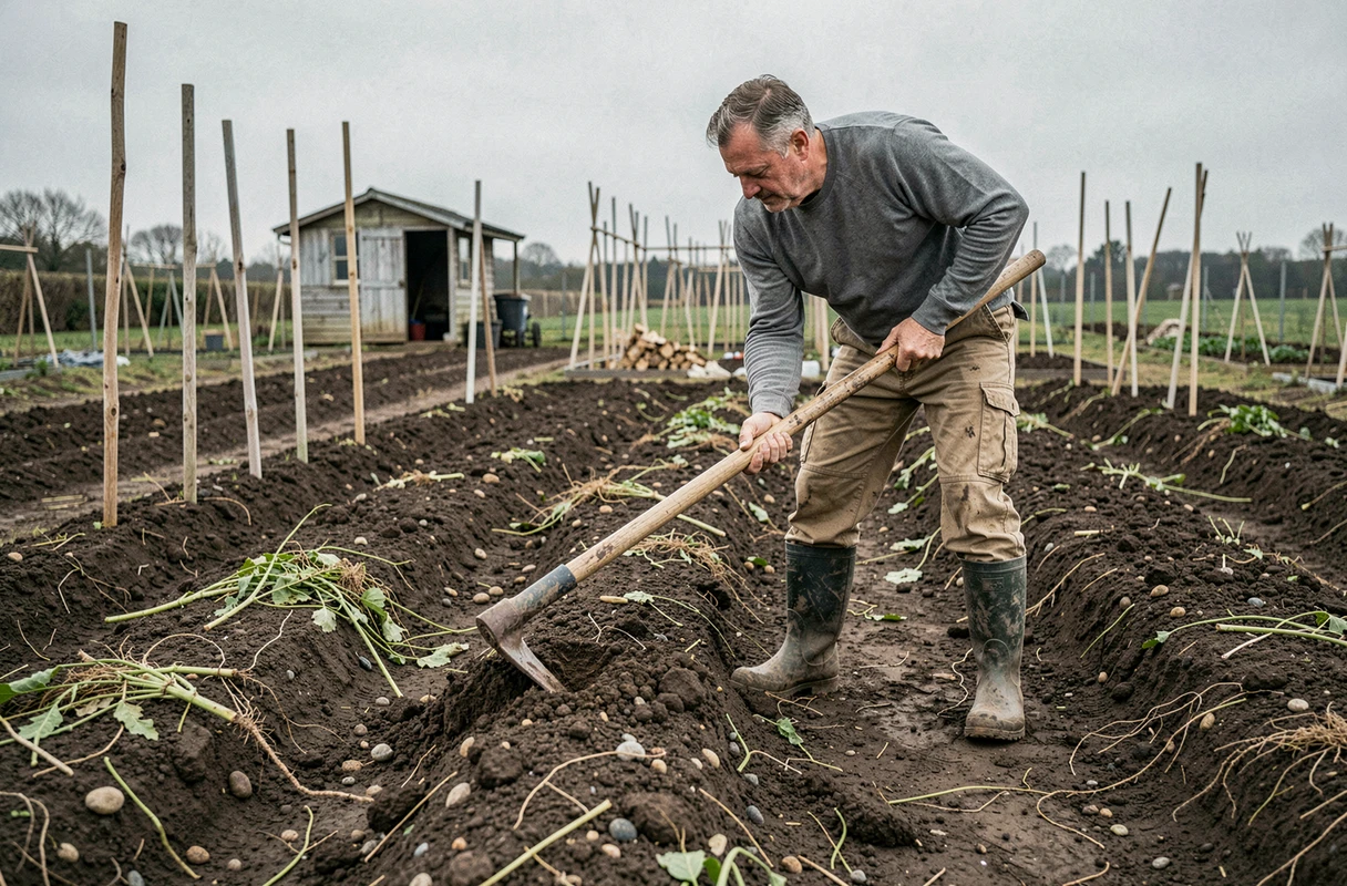Jardinier travaillant le sol avec une serfouette pour éliminer les mauvaises herbes avant le semis