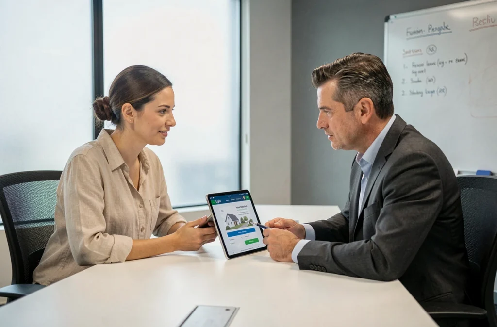 Deux professionnels de la gestion immobilière consultant l'interface de connexion Orchestrav2 sur une tablette en salle de réunion