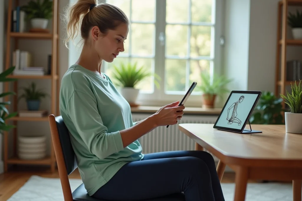 Femme pratiquant des exercices de rééducation du sacrum à domicile en suivant un programme sur tablette, assise sur une chaise orthopédique
