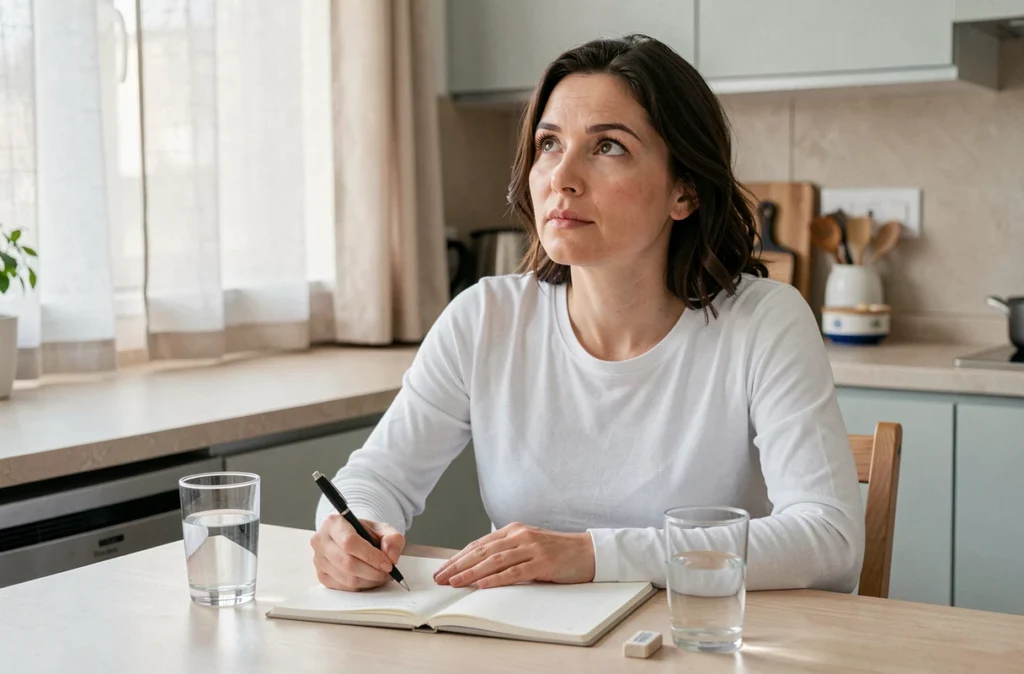Une femme faisant une pause dans l'écriture de son journal, le regard pensif, illustrant le travail cognitif de reformulation des croyances limitantes issues de l'enfance