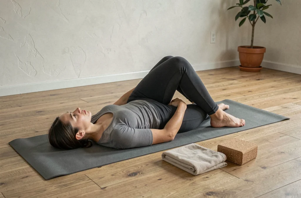 Une femme allongée sur un tapis de yoga effectuant une posture douce de libération somatique, illustrant la régulation émotionnelle par le corps