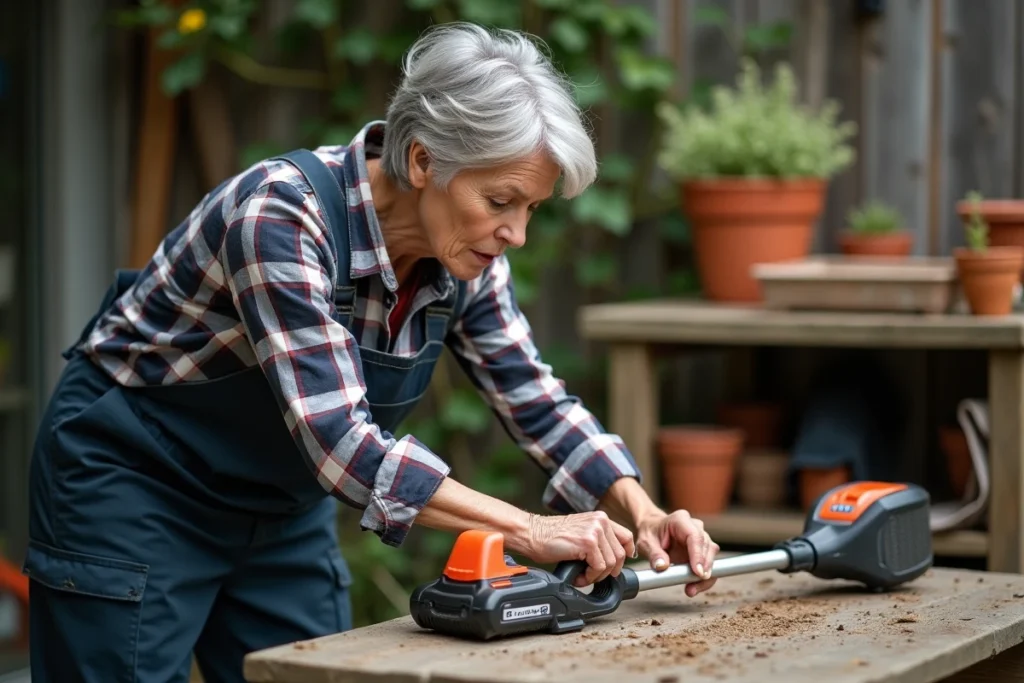 Femme remplaçant le fil nylon d'un rotofil sans fil posé sur une table de jardin en bois