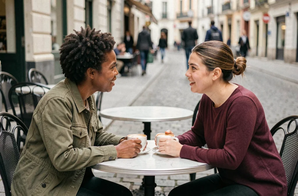 Deux femmes engagées dans une conversation sincère à une table de café en extérieur, symbolisant la restauration du lien relationnel et la sortie de l'isolement émotionnel
