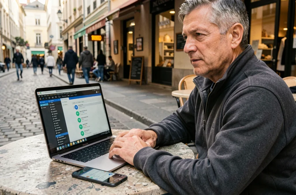 Homme utilisant un ordinateur portable et un smartphone Android pour analyser des réseaux Wi-Fi en extérieur