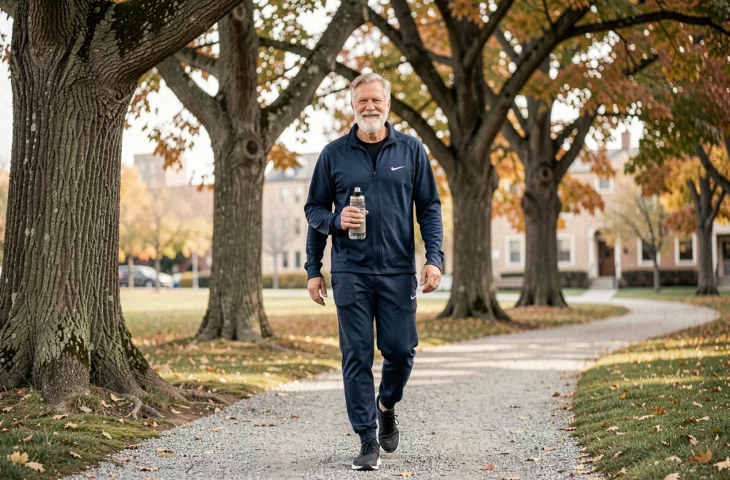 Senior homme actif marchant dans un parc en automne pour maintenir sa santé et son bien-être physique
