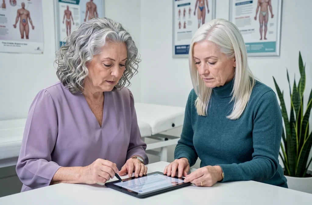 Deux femmes seniors consultant des informations de santé sur une tablette lors d'un rendez-vous médical
