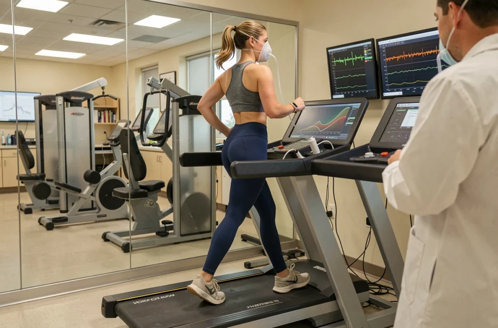 Femme réalisant un test VO2 max sur tapis roulant avec masque respiratoire dans un laboratoire de sciences du sport
