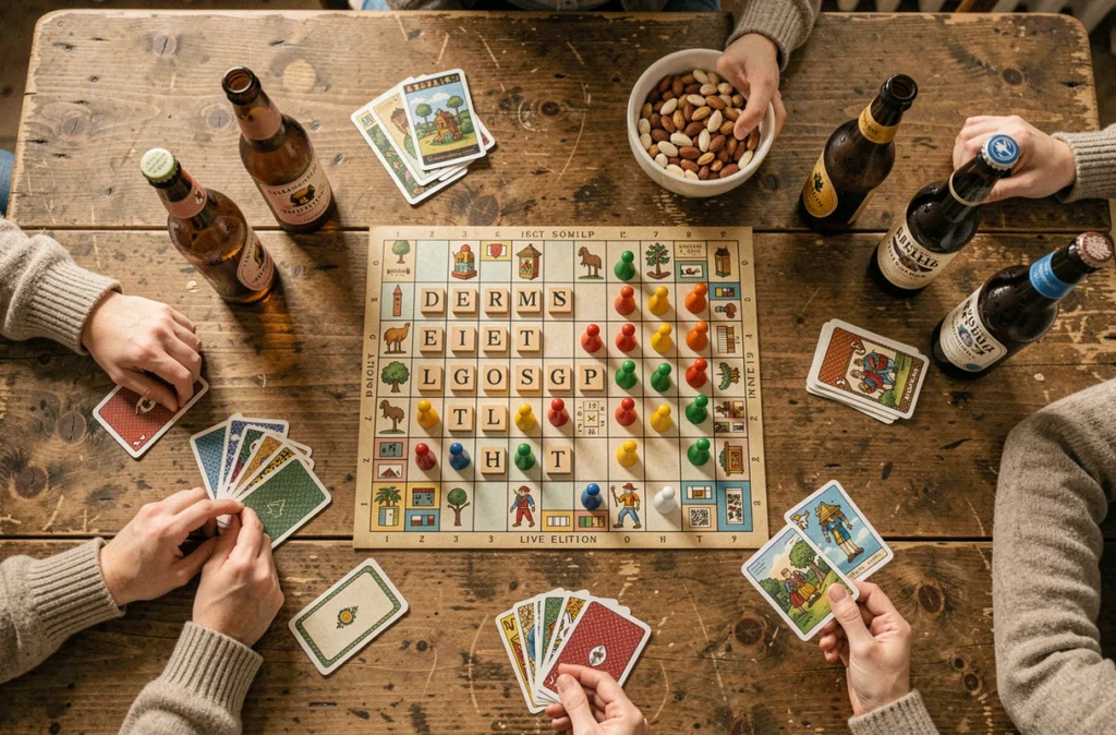 Vue aérienne d'une table en bois avec plusieurs jeux de société en cours et des snacks lors d'une soirée entre amis