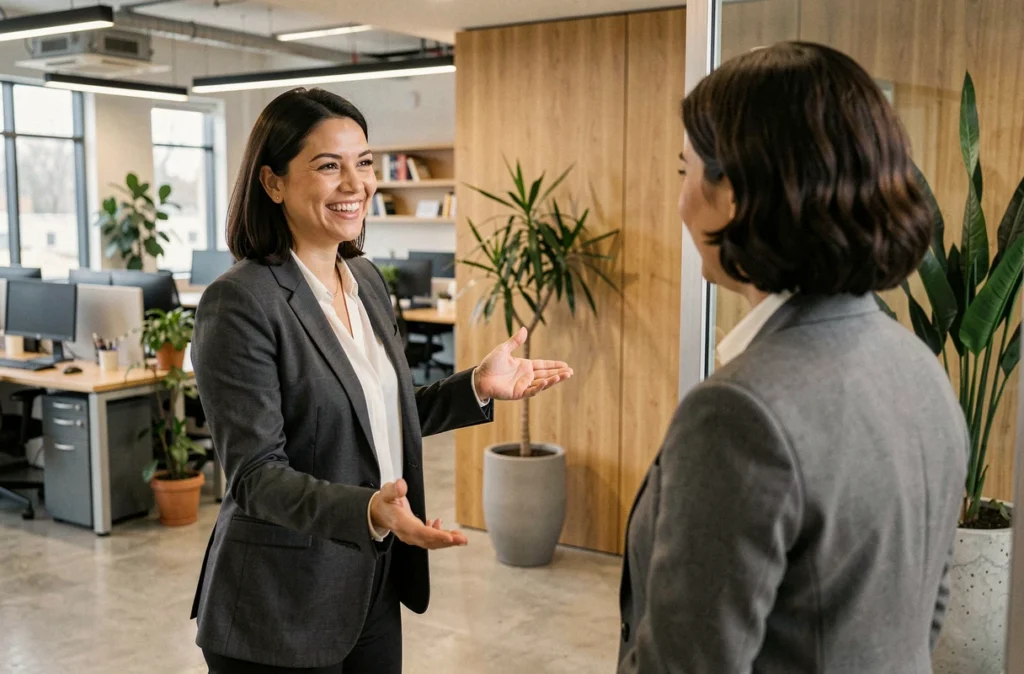 Commerciale accueillant un client avec sourire et posture ouverte selon la règle des 4x20 à l'entrée d'un bureau moderne