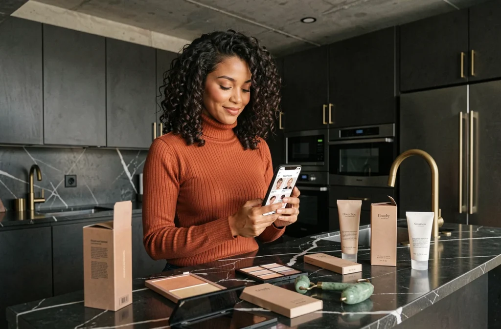 Femme aux cheveux bouclés faisant ses achats beauté en ligne sur smartphone entourée de produits cosmétiques tendance sur un comptoir en marbre