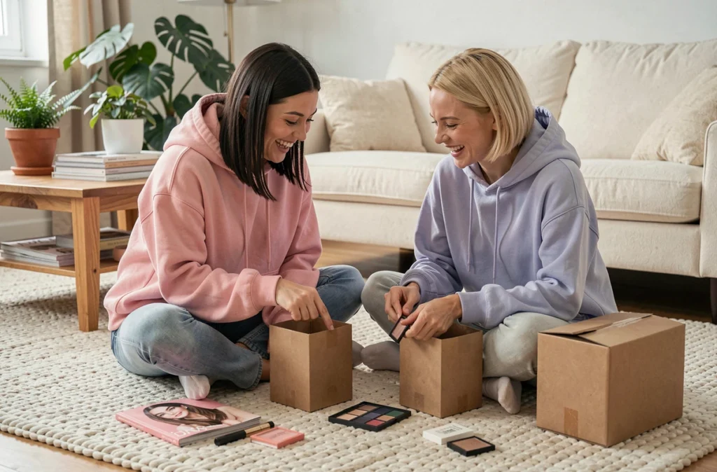 Deux amies comparant des produits beauté tendance reçus en commande en ligne dans un salon cosy avec des boîtes de livraison kraft ouvertes