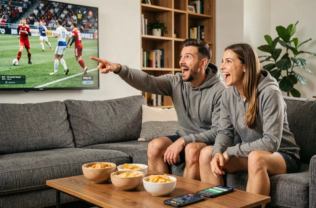 Deux amis regardant un match sportif en streaming sur leur télévision dans un salon moderne