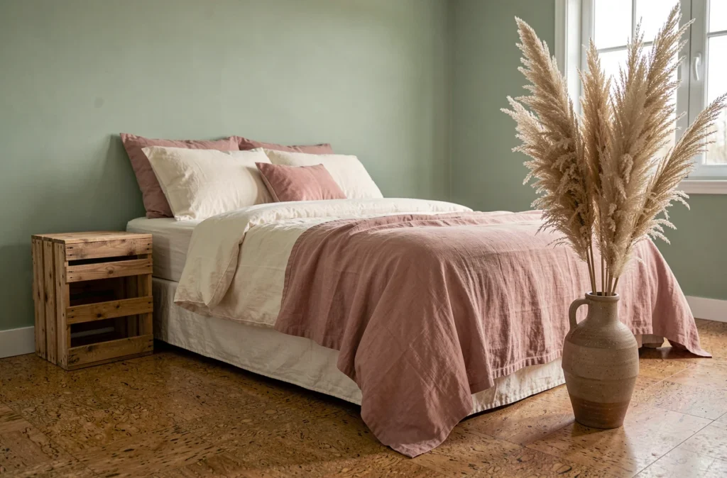 Chambre écoresponsable avec literie en coton biologique, table de chevet en caisse bois recyclée et décoration en herbes de pampa séchées