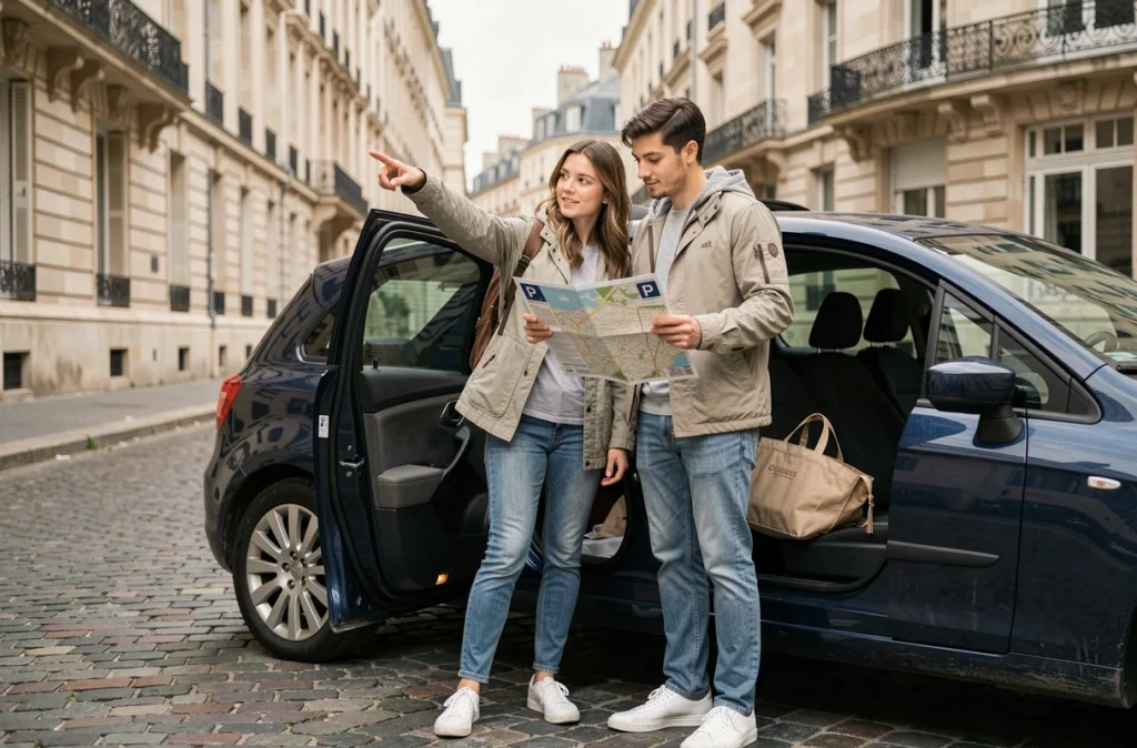 Couple consultant une carte pour trouver un parking gratuit à Versailles