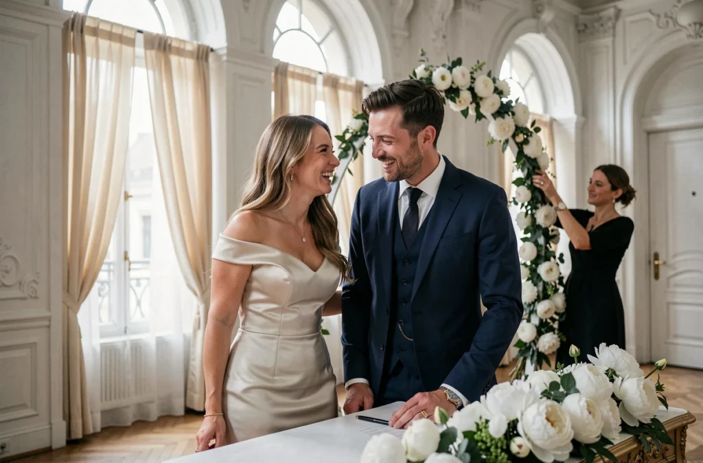 Couple de mariés signant le registre dans une salle de réception parisienne décorée avec élégance, sous une arche florale de pivoines blanches